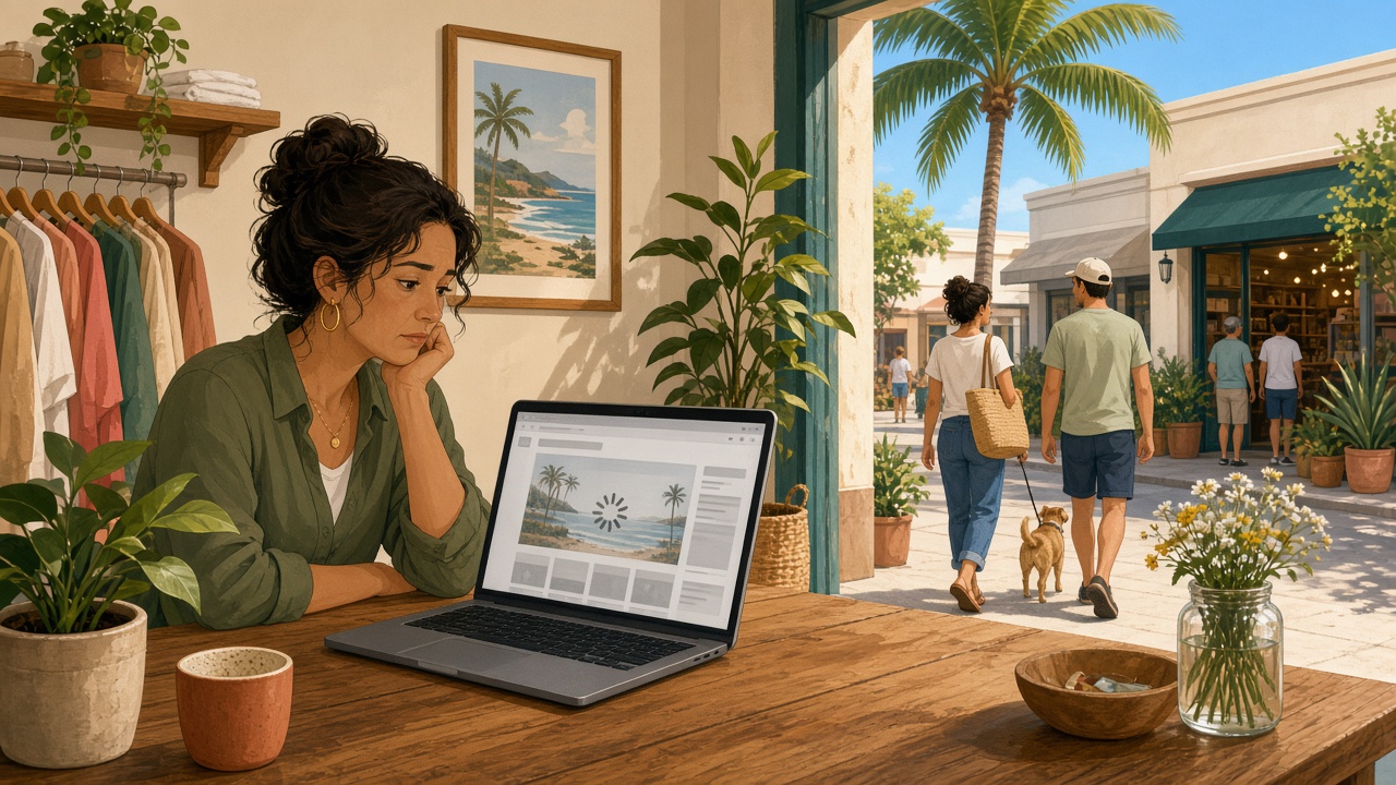 Small business owner reviewing a website on a laptop